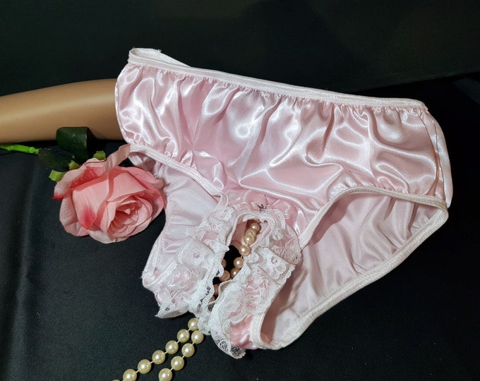 Bridal pink french quality's satin panties with open crotch