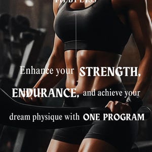 May include: A woman in a black sports bra and shorts is working out on a machine. The text on the image reads "FIT BY LYSS", "Enhance your STRENGTH, ENDURANCE, and achieve your dream physique with ONE PROGRAM", and "BEGINNER-INTERMEDIATE".