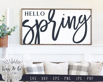 Svg y archivos imprimibles, Hola primavera, Pascua, signo de primavera, uso comercial, Cricut, silueta, uso comercial, archivos de corte digital, JPG DXF PNG