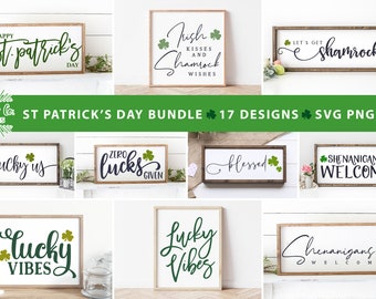May include: A set of 17 St. Patrick's Day SVG, PNG, and DXF digital files for crafting. The designs feature various Irish-themed phrases and shamrocks, including "Happy St. Patrick's Day", "Lucky Us", "Zero Lucks Given", "Blessed", "Shenanigans Welcome", "Lucky Vibes", and "Let's Get Shamrocked".