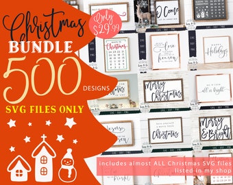 May include: A red and white Christmas tree design with the text "Christmas Bundle 500 Designs SVG Files Only" and a price of $29.99. The image includes a variety of Christmas-themed SVG files, including calendars, signs, and ornaments.