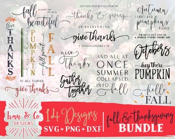Puede incluir: Un conjunto de 14 diseños temáticos de otoño y Acción de Gracias en formato SVG, PNG y DXF. Los diseños incluyen frases como "fall beautiful", "give thanks", "gather together", "autumn leaves and pumpkins", "October", y "hello fall".