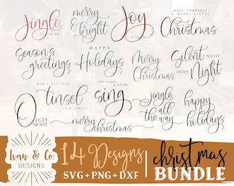 May include: A set of 14 Christmas-themed SVG, PNG, and DXF designs featuring various festive phrases like "Jingle All The Way", "Merry & Bright", "Happy Holidays", and "Silent Night". The designs are in black and white with a few in red. The designs are perfect for creating cards, invitations, and other festive crafts.