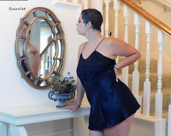 1980's Victoria's Secret BLACK SATIN and Satin Jacquard NIGHTIE Chemise Nighty Short Nightgown Slip Dessous Vintage Lingerie - M
