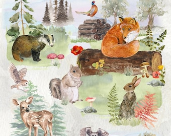 Papier d’emballage cadeau Woodland Wildlife avec carte-cadeau assortie mettant en vedette un renard, un lapin, un blaireau, un cerf, un écureuil et plus encore. Une feuille avec carte.