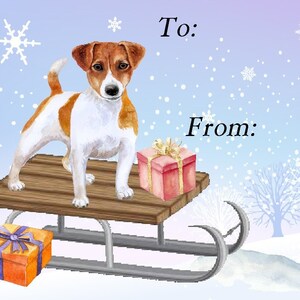Weihnachts-Geschenketiketten mit Jack-Russell-Terrier-Hund, abziehbar, selbstklebend, 2 Bögen mit je 21 Etiketten, insgesamt 42 Etiketten