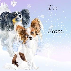 Papillon (vlinder) hond kerstcadeaulabels, verwijderbaar zelfklevend, 2 vellen van 21 labels, 42 labels in totaal
