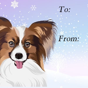 Papillon (vlinder) hond kerstcadeaulabels, verwijderbaar zelfklevend, 2 vellen van 21 labels, 42 labels in totaal