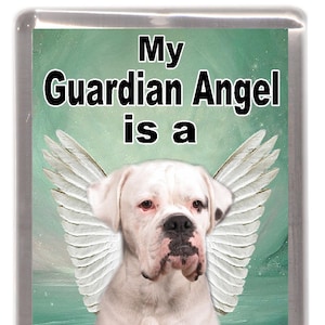 Aimant blanc pour réfrigérateur chien boxer " Mon ange gardien est un boxeur ". Cadeau idéal pour les amoureux des chiens