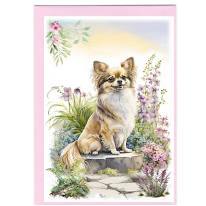 Gepersonaliseerde chihuahua lange jas hondenwenskaart (6 x 4 inch) met envelop.  Kan desgewenst leeg worden gelaten