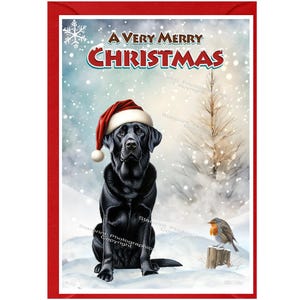 Kerstkaart zwarte hond labrador retriever (6" x 4") blanco binnenkant - met envelop.  Perfect item voor elke hondenliefhebber