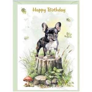 Franse Bulldog/Franse hond "Happy Birthday"-kaart (6 "x 4") met envelop. Blanco binnenkant voor je eigen bericht. Perfect voor elke hondenliefhebber