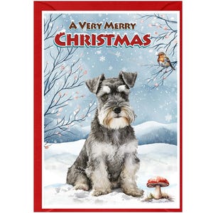 Dwergschnauzer kerstkaart (6" x 4") blanco binnenkant - met envelop.  Perfect item voor elke hondenliefhebber