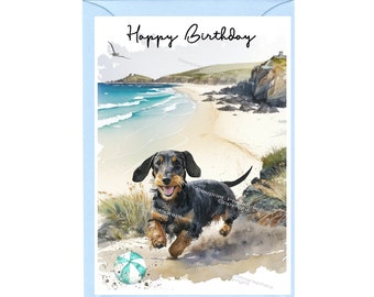 Teckel ruwharige hond "Happy Birthday"-kaart (6" x 4") met envelop - blanco binnenkant voor je eigen bericht. Perfect voor elke hondenliefhebber.