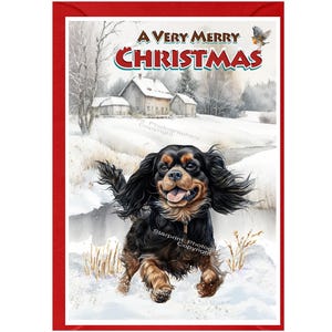 Cartão de Natal do cão Cavalier King Charles Spaniel (preto e castanho) (6" x 4") Interior em branco - com envelope. Item perfeito para qualquer amante de cães