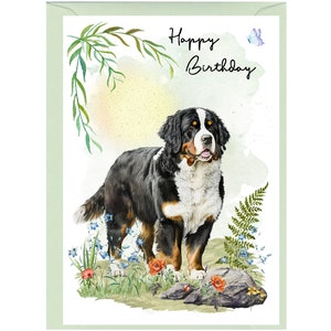 Karte „Happy Birthday“ mit Berner Sennenhund (15,2 x 10,2 cm) mit Umschlag – innen unbeschriftet für Ihre eigene Nachricht. Perfekt für jeden Hundeliebhaber.