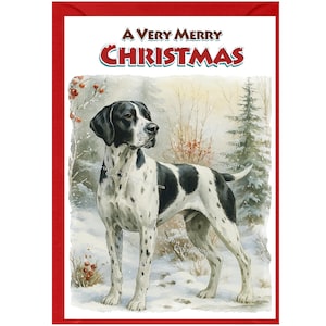 Puede incluir: Una tarjeta de Navidad con borde rojo presenta una pintura a la acuarela de un perro blanco y negro en una escena invernal nevada. El texto "A Very Merry Christmas" se muestra en la parte superior en letras rojas y blancas.