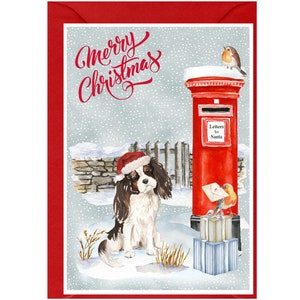 Biglietto di Natale con Cavalier King Charles Spaniel (tricolore) (15x10 cm). Interno vuoto, con busta. Articolo perfetto per ogni amante dei cani.