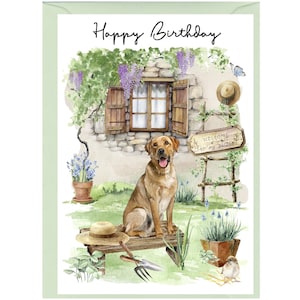 Biglietto di auguri "Buon compleanno" con cane Labrador Retriever (giallo) (6" x 4") con busta - Interno vuoto per scrivere il tuo messaggio.
