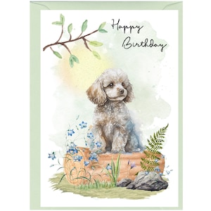 May include: A watercolour illustration of a white poodle sitting on a tree stump with blue flowers and a fern. The text "Happy Birthday" is written above the dog.