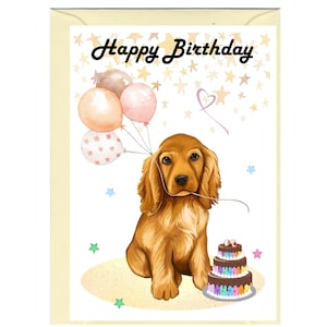 Carte « Joyeux anniversaire » chien cocker (6 x 4 po.) avec enveloppe - vierge à l'intérieur pour votre propre message. Parfait pour tous les amoureux des chiens.
