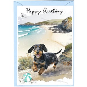 "Dackel ""Happy Birthday"" Glückwunschkarte mit Umschlag - Leere Innenseite für Ihre eigene Nachricht." Erhältlich in 2 Größen - A6 und A5
