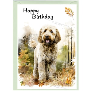 Biglietto "Happy Birthday" Labradoodle/Golden Doodle Dog (6"x 4") con busta. Vuoto all'interno per il tuo messaggio. Perfetto per ogni amante dei cani