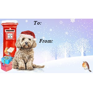 May include: A Christmas gift tag featuring a brown and white dog wearing a Santa hat, a red post box with the text "Letters to Santa", and a robin perched on a branch. The background is a snowy winter scene with blue and purple hues.