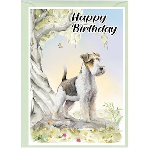 Biglietto "Happy Birthday" per cane Wire Fox Terrier (6"x4") con busta. Interno vuoto per il tuo messaggio. Perfetto per qualsiasi amante dei cani