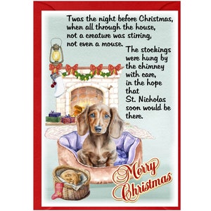 Tarjeta de Navidad de perro cachorro Dachshund (6" x 4") Interior en blanco - con sobre. Artículo perfecto para cualquier amante de los perros.