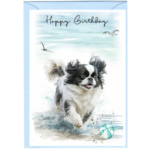 Biglietto "Happy Birthday" con cane Chin giapponese (6" x 4") con busta - Interno vuoto per il tuo messaggio. Perfetto per ogni amante dei cani