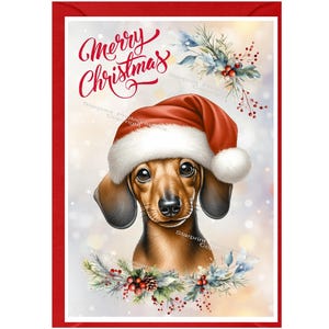 Teckel kortharige hond kerstkaart (6" x 4") blanco binnenkant - met envelop.  Perfect item voor elke hondenliefhebber