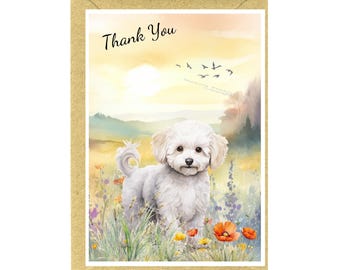 May include: A watercolor greeting card with a white dog standing in a field of wildflowers. The card has the words "Thank You" in script. The background features a sunset, rolling hills, and birds in flight.