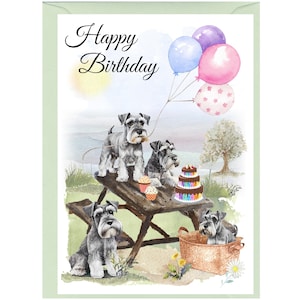 Carte « Joyeux anniversaire » chien schnauzer nain (6 x 4 po.) avec enveloppe - vierge à l'intérieur pour votre propre message. Parfait pour tous les amoureux des chiens