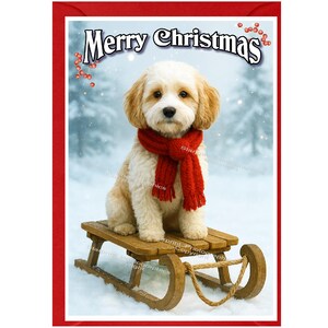 May include: A festive Christmas card showing a dog with light brown and white fur, wearing a red scarf, on a wooden sled in a snowy landscape. The words "Merry Christmas" are displayed.