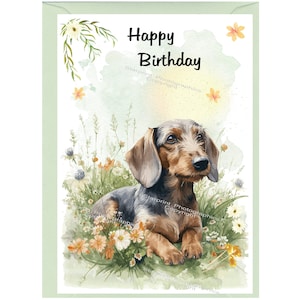 Tarjeta "Feliz cumpleaños" de perro con pelo de alambre Dachshund (6" x 4") con sobre - Interior en blanco para su propio mensaje. Perfecto para cualquier amante de los perros.