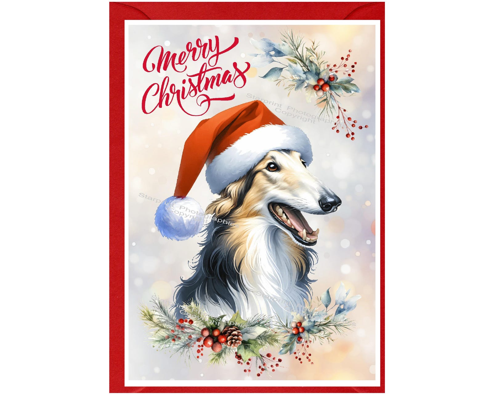Borzoi Dog Christmas Card (6" X 4") Blank Inside - With Envelope ...