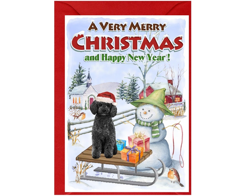Poodle (black) Dog Christmas Card (6" X 4") Sleigh Design - Blank ...