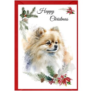 Biglietto natalizio con cane Pomerania (6" x 4") interno vuoto - con busta. Articolo perfetto per ogni amante dei cani