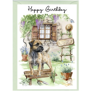 Tarjeta "Feliz cumpleaños" del perro Border Terrier (6"x 4") con sobre. Espacio en blanco dentro para tu propio mensaje. Perfecto para cualquier amante de los perros.