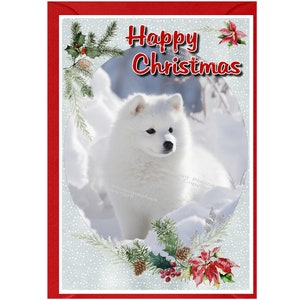 Tarjeta de Navidad japonesa para perros Spitz (6" x 4") Interior en blanco - con sobre. Artículo perfecto para cualquier amante de los perros.