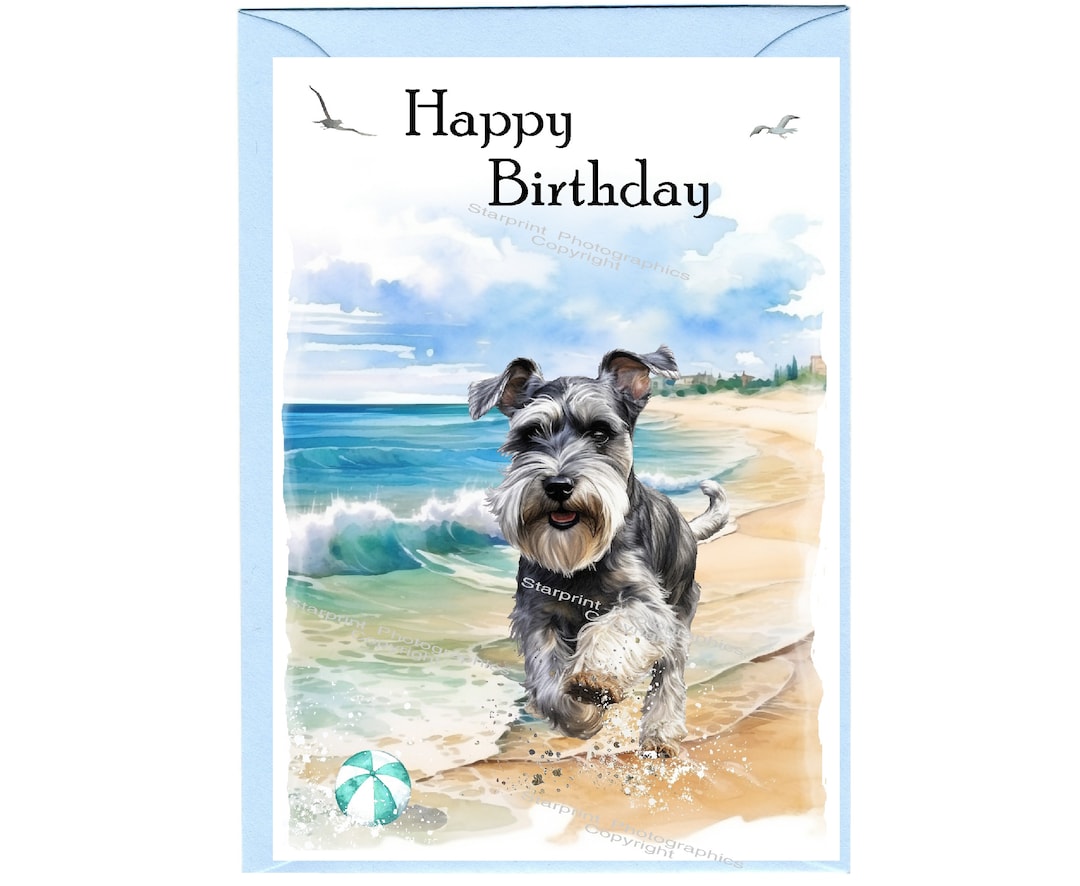 ミニチュアシュナウザー犬の「ハッピーバースデー」カード（6インチ×4インチ）封筒付き -  内側は空白なので、ご自身のメッセージを書き込めます。犬好きの方に最適です。 - Etsy 日本