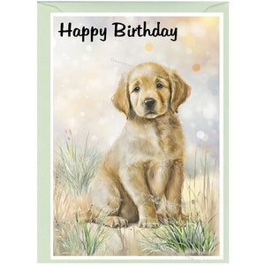 Kaart "Gelukkige verjaardag" van Golden Retriever-puppy (6" x 4") met envelop - blanco binnenkant voor je eigen bericht. Perfect voor elke hondenliefhebber