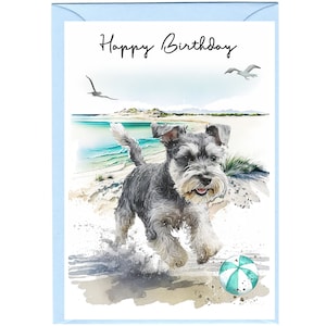 Tarjeta de feliz cumpleaños para perro Schnauzer miniatura (15,24 x 10,16 cm) con sobre. Interior en blanco para escribir tu propio mensaje. Perfecta para cualquier amante de los perros.