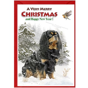 Cavalier King Charles Spaniel Preto e Castanho Cartão de Natal para Cachorro (6" x 4") Em branco por dentro - com Envelope. Item perfeito para qualquer Amante de Cachorro