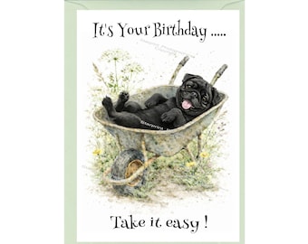 Carte d'anniversaire chien carlin (noir) (6 x 4 po.) avec enveloppe - vierge à l'intérieur pour votre propre message. Parfait pour tous les amoureux des chiens
