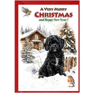 Tarjeta navideña con diseño de perro Cavapoo/Cockapoo/Doodle Black (15,24 x 10,16 cm) Interior en blanco, con sobre. Artículo perfecto para cualquier amante de los perros