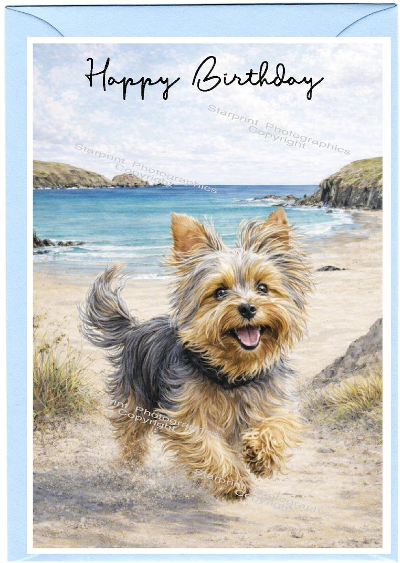 May include: A greeting card with a beach scene and a Yorkshire Terrier dog. The dog is running on the sand with its tongue out. The words "Happy Birthday" are written at the top of the card.