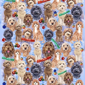 May include: A festive pattern of various breeds of dogs wearing Christmas ornaments and holding Christmas crackers on a blue background.