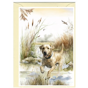 Cartão de cumprimentos/Notelet amarelo personalizado do cão de Labrador Retriever (6" x 4") com envelope. Pode ser deixado em branco se preferir